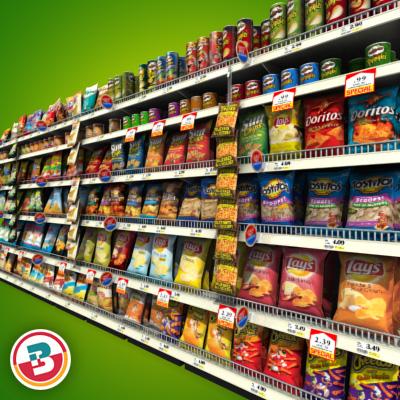 3D Model of Grocery shelves stocked with low poly snack products - 3D Render 5